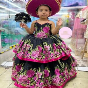 Mexico Black Flower Girls Dress Princess Flower Tiered Cupcake Toddler Kid Pageant Vintage Baby Shower Photoshoot Customized