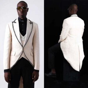 Fashion Jacquard Men Wedding Suits Peaked Lapel Tuxedos Groom Wear 2 Pcs Long Jacket Pants Prom Evening Party Custom Made