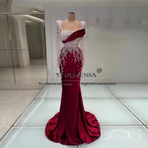 Customized Long Sleeves Burgundy Mermaid Prom Dresses With Pearls Square Neckline Wedding Guest Party Prom Gown Robes De Soirée