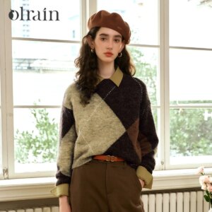 OLrain Spliced Argyle Pullovers Women 2025 Spring French Style Wool Blend Loose Fit Round Neck Long Sleeve Cozy Tops E56QM93980