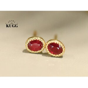 KUGG 100% 18K Yellow Gold Earrings Elegant Shiny Style Natural Ruby Stud Earrings for Women Birthday Gift Fine Gemstone Jewelry