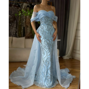 Sky Blue Off The Shoulder Sleeveless Beading Evening Dress New Fashion Female Floor Length Party Prom Gowns
