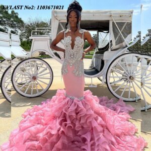 EVLAST Customized Glitter Pink Ruffles Prom Dress Blackgirls Crystal Beaded Mermaid Wedding Party Gown Robes De Soirée E2P428