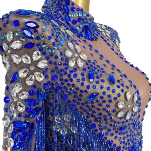 Fashion Blue Fringe Rhinestones Tights Stage Wear Sexy Glisten Crystals Bodysuit Bar DJ Shiny Tasse Singer Dancer Dance Costumes
