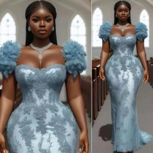 Blue Lace African Evening Dresses Wedding Party Dress Bridesmaid Gown Blue Women Formal Dress