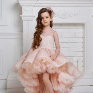 Pink Flower Girl Dresses For Weddings Ball Gown Long Sleeves Tulle Beaded High Low First Communion Dresses Customized