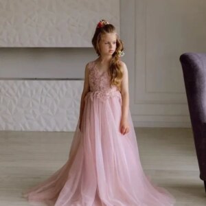 Custom Flower Girl Dress Toddler with Train Lace Tutu Dress Tulle Holy Communion Baby Dress Pageant Dresses for Girls Ball Gown
