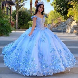 Blue Ball Gown Quinceanera Dresses Vestidos De 15 Anos Party 3D Flower Cinderella 16 Birthday Princess Gowns