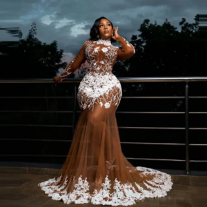Plus Size Prom Dress Long Tulle Applique See Through Full Sleeves Transparent Mermaid Beading Prom Gowns Aso Ebi Evening Dresses
