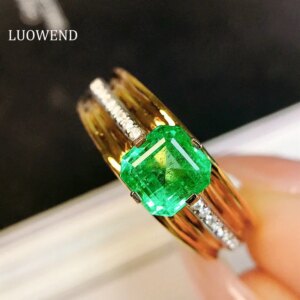 LUOWEND 100% 18K Yellow Gold Rings Fashion Elegant Style Shiny Diamond Natural Emerald Engagement Ring for Women Wedding Jewelry