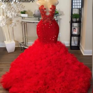 Exquisite Red Mermaid Prom Dresses Tiered Ruffle Beading Crystals Diamonds Biethday Party Dress Evening Gown Customized