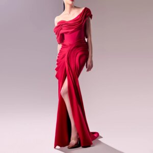 Customized  Satin Mermaid Off the Shoulder Evening Dress Boat Neck Front Slit Floor Length Zipper Back Half Sleeves Pan