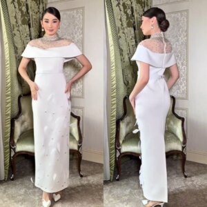 Customized Jersey Sash Sequined Feather Straight High Collar Midi Dresses Bespoke Occasion Evening Elegant Simple