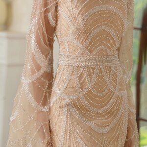 MisShow 2025 Nude Long Sleeves Mermaid Lace Beaded Luxury Dubai Evening Dresses Gowns Customized Wedding Party CPS3048