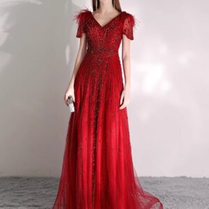 Beated Evening dress, fuse dress with feathers, 3 color for choice