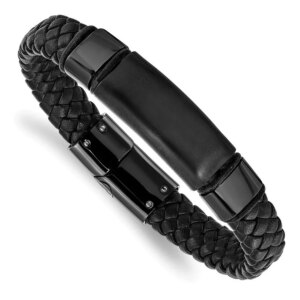 Chisel Stainless Steel Brushed and Polished Black IPplated Braided Black Leather 8.25 inch Bracelet