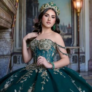 Customized blackish green Off Shoulder Quinceanera Dress sequin applique crystal Lace 3D flower vestidos de 15 Quinceanera
