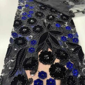 African Luxury Velvet Lace Beads Fabric Royal Blue High Quality Nigerian Lace Embroidered Fabric For Women Wedding Party Sewing