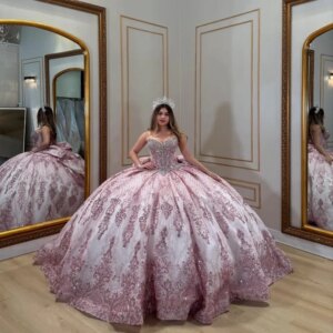 Customized Shiny Pink Off Shoulder Quinceanera Dress Lace sequin applique layering crystal Bow vestidos de 15 Quinceanera