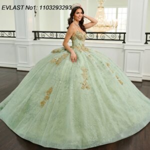 EVLAST Customized 2025 Sage Quinceanera Dress Ball Gown Gold Lace Applique Beaded Bow Corset Sweet 16 Vestido De 15 Anos E1Q502