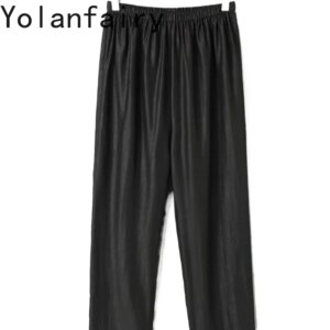 YOLANFAIRY 100% Mulberry Silk Men Trousers Pantalon Homme Summer Casual Pants Mens Clothing Straight Pants Pantaloni Estivi Uomo