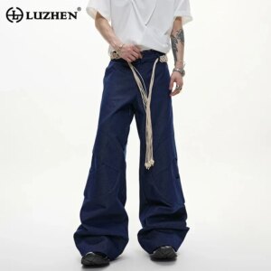 LUZHEN 2025 Trendy Tassel Drawstring Belt Decorate Wide Leg Casual Pants Men’s Fashion Patchwork Design Straight Trousers JY1970