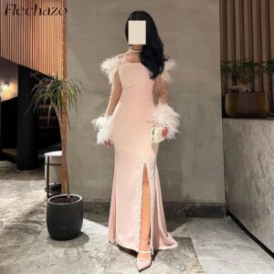 Flechazo Pink Evening Dresses Feathers Beading Side Silt Floor-Length Formal Party Dress For Women 2024 vestidos para mujer