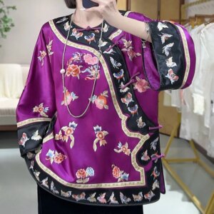 High-end Autumn Women Acetate Top Retro Embroidery Strawberry Butterfly Elegant Lady Loose Coat Palace of the Qing Rulers S-XXL