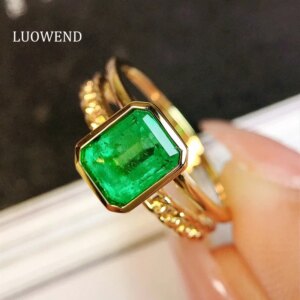 LUOWEND 100% 18K Yellow Gold Rings Fashion Simple Style 1.32carat Real Natural Emerald Ring for Women High Wedding Jewelry