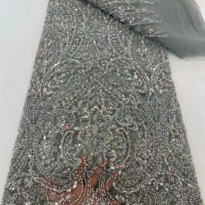 New Grey Embroidered Lace Fabric Luxury African Sequin Beaded Lace Fabric 2025 High Quality Groom Nigerian Wedding Bridal A964-1