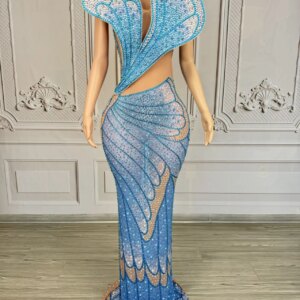Sparkling Blue Rhinestone Birthday Gown 3D Butterfly Cut Transparent Mesh Strapless Dress Ball Holiday Cocktai Party Gown dieyi