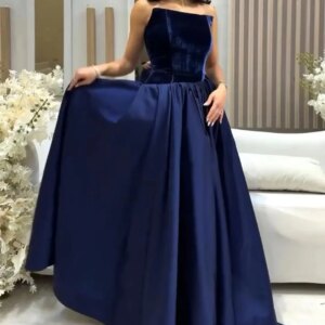 customizedElegant Dark Navy Prom Dresses Strapless Sleeveless Pleated Floor Length Party Dresses Evening Dresses