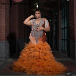 EVLAST Customized Luxury 2025 Orange Mermaid Prom Dress Black Girl Tassel Diamond Crystal Beaded Birthday Party Gown TPD215
