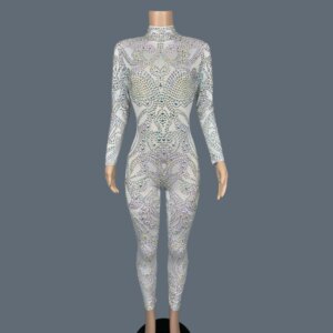 High-quality Full Crystals Tight Fitting Jumpsuit Night Club Stage Performance Outfit Spandex White Sparkly Jumpsuit Gaoduanquan