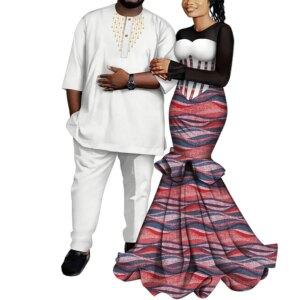 African Couple Clothes 2 Sets Ankara Fashion Women’s dress and Dashiki Men Shirt and Pant WYQ1083