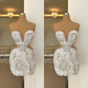Sexy Evening Mini Dresses For Women Sweetheart Neck Sleeveless Gown Sequins Pearls Bead Tassel Short Dress Party Customized