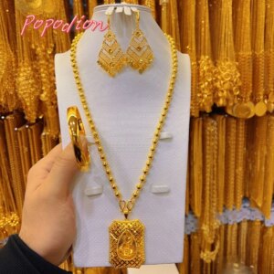 New Dubai 24K Gold Plated Jewelry Necklace Bracelet Women’s Earrings Jewelry Three Piece Set YY10356