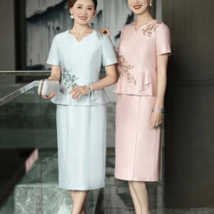 Elegant Mother Of The Bride Dresses With Appliques Pink Satin Tea-Length Women Sheath Dresses For Wedding Party