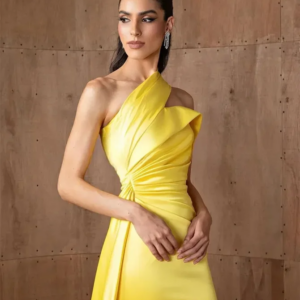 CustomizedElegant Long Yellow One Shoulder Satin Evening Dresses Mermaid Pleated Sweep Train Prom Dresses for Women for Special