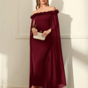 Customized Classic Burgundy Jersey Boat Neck Off the Shoulder Sleeveless Prom Gowns Exquisite Straight Tea Length Party Dress