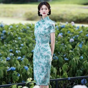 Summer New High Quality Real Silk Printed Mid-Length Short Sleeve Improved Cheongsam Qipao Women’s Dress