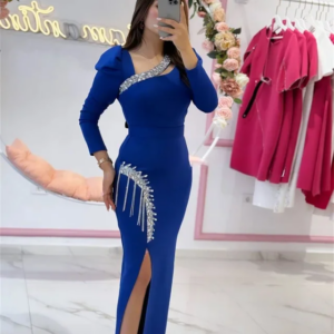 2024 New Summer Women’s Maxi Blue Crepe Satin Prom Dress Long  Sleeves Fashion Celebrity V-Neck Crystals Simple Party customized