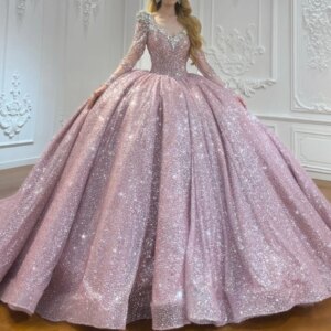 Pink Shiny Princess Quinceanera Dresses Sequined Beads Tull Long Sleeves Sweet 16 Dress Sweetheart Off Shoulder Ball Gown Vestid