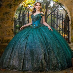 Blackish Green Shiny Quinceanera Dresses Ball Gown Off The Shoulder Beading Crystal Tull With Cape Party Birthday Sweet 16 Vesti