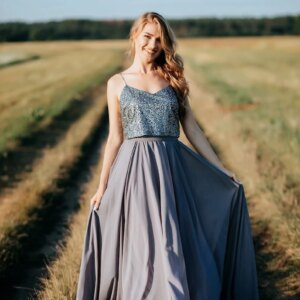 Smoke Chiffon “Sunset” Full Sun Flying A-line Skirt and Star Slate Grey Glitter Top available Plus Size evening party dresses