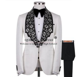 Elegent Pearl Beaded Men Suits Shawl Lapel Groom Wedding Tuxedo 2 Pieces Customized Male Prom Blazer Slim Fit trajes para hombre