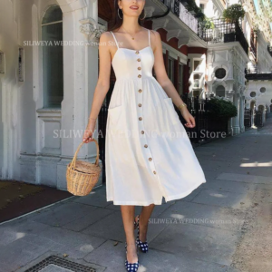 Pure White Evening Dresses For Women Fashion Casual Spaghetti Straps Sleeveless With Pockets Skirt Formal Dance Party Costume