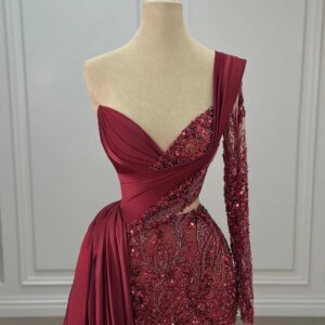DMDRS One-shoulder Sleeve Evening Dress Formal Beaded Party Gown Classic Long-sleeved Floor-Length Party Dresses فساتين سهرة