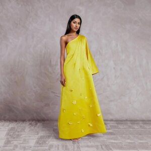 Customized Vintage Yellow Evening Dresses One Shoulder Prom Party Gowns 2024 Long Sleeve Flowers Wedding Guest Dresses On Sale
