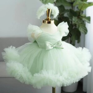 Custom Birthday Party Banquet Holy Communion Gowns Flower Girl Dresses Light Green Tulle Puffy With Bow Sleeveless For Wedding